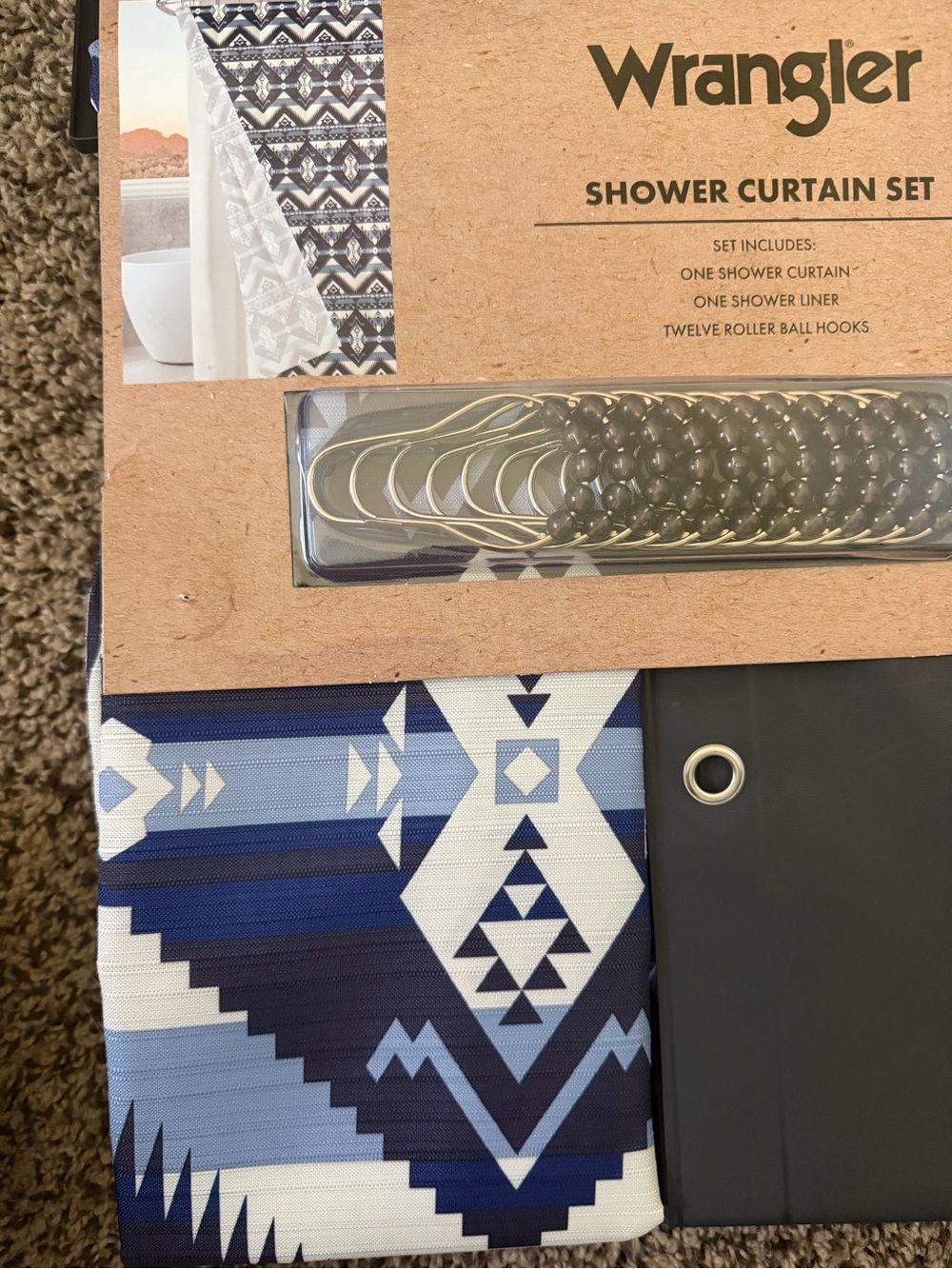 Wrangler Navy and Light Blue Aztec Shower Curtain Set